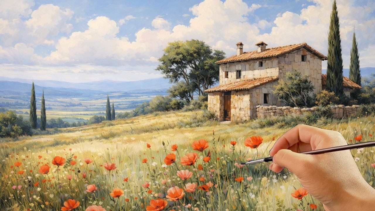 🎨 Painting a Peaceful Poppy Field Cottage | Relaxing Acrylic Landscape Tutorial | #065