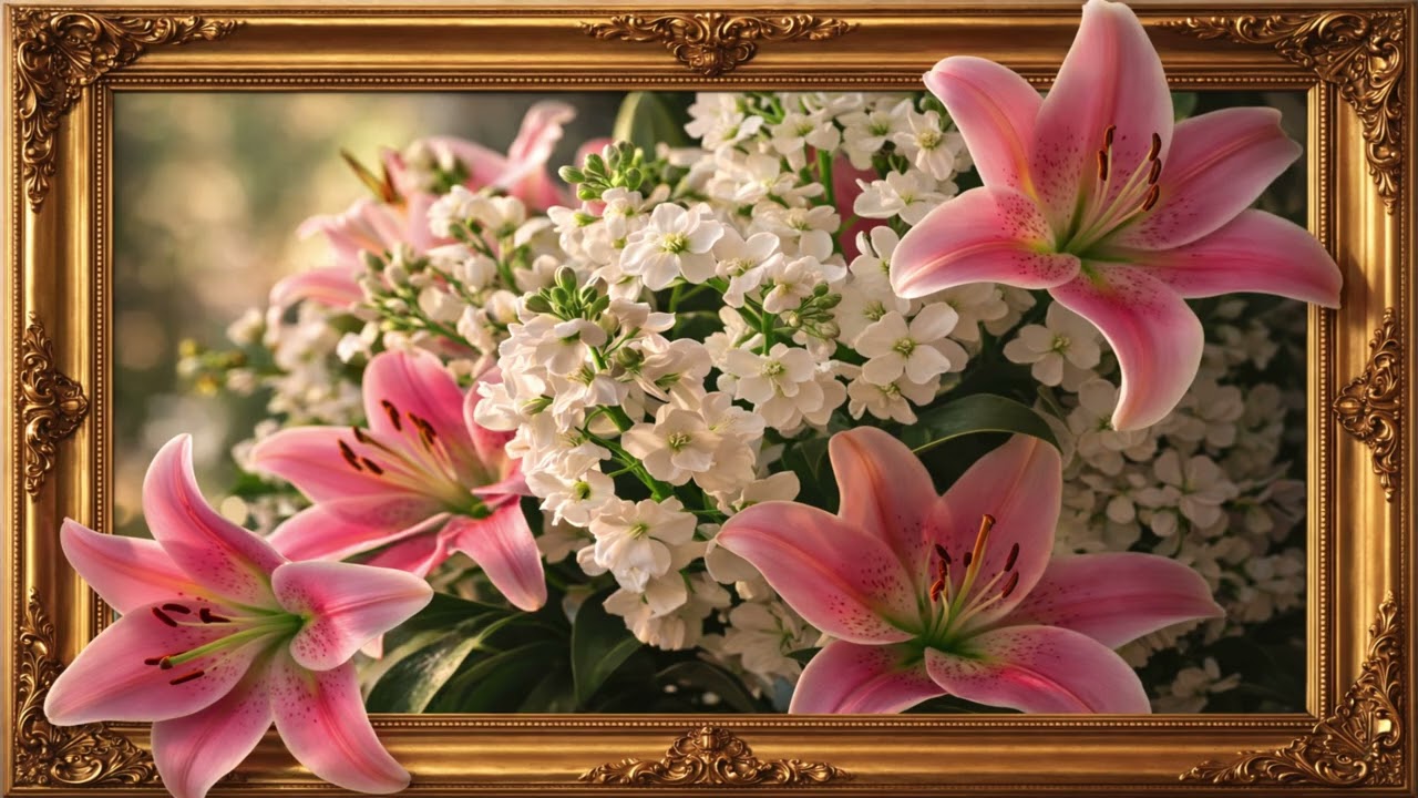 Elegant Pink Lilies in a Golden Frame | Beautiful Floral Art & Relaxing Nature Visual 🌸✨