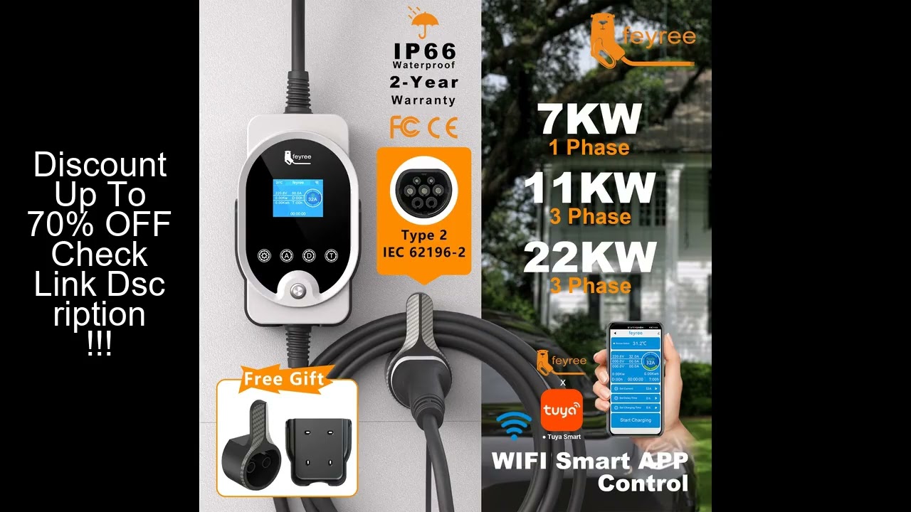 feyree Type2 EV Charger EVSE Wallbox 22KW 11KW 3P Smart APP Wi-Fi Control  7KW 32A 1P Setting Curren