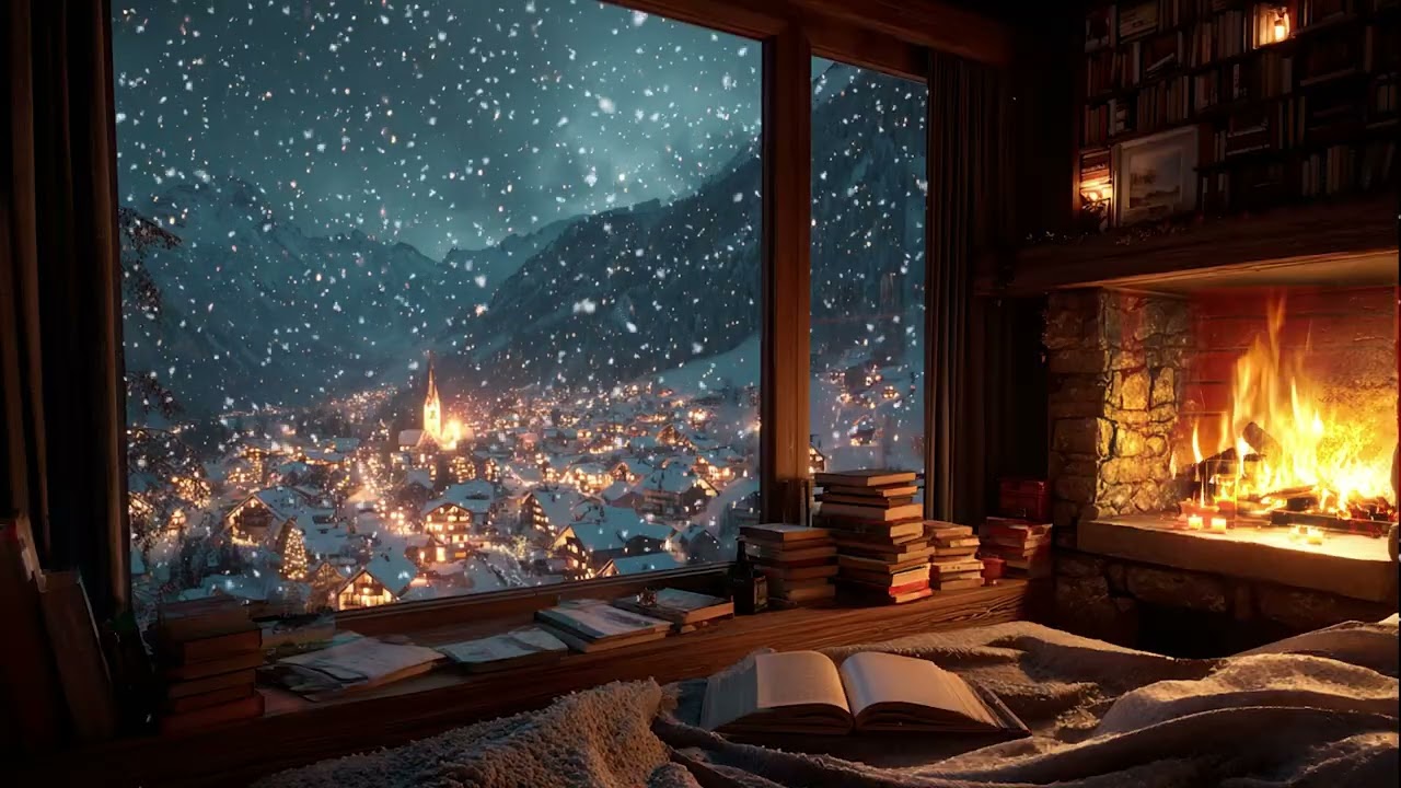 Serene Snow Cabin at Night | Cozy Fireplace Glow with Falling Snow for Sleep