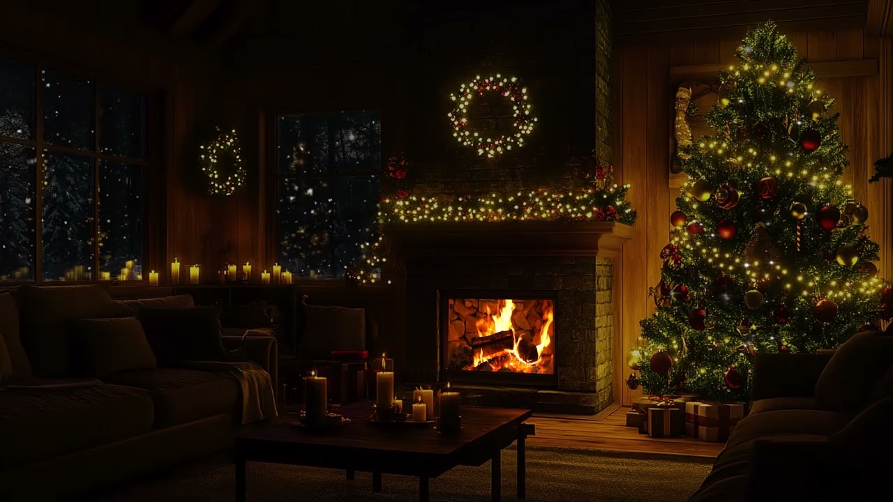 Quiet Blizzard Surrounding a Winter Cabin | Warm Fireplace Glow and Snowfall for Deep Sleep
