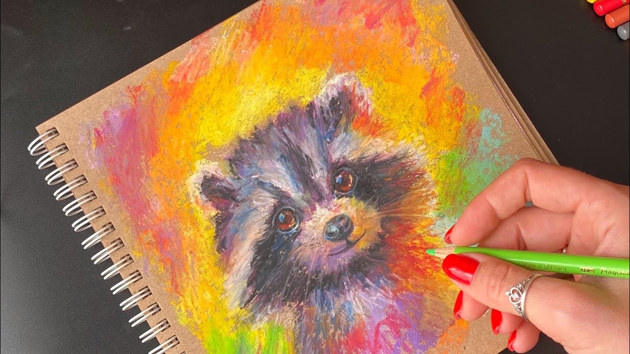 Рисую енота масляная пастель