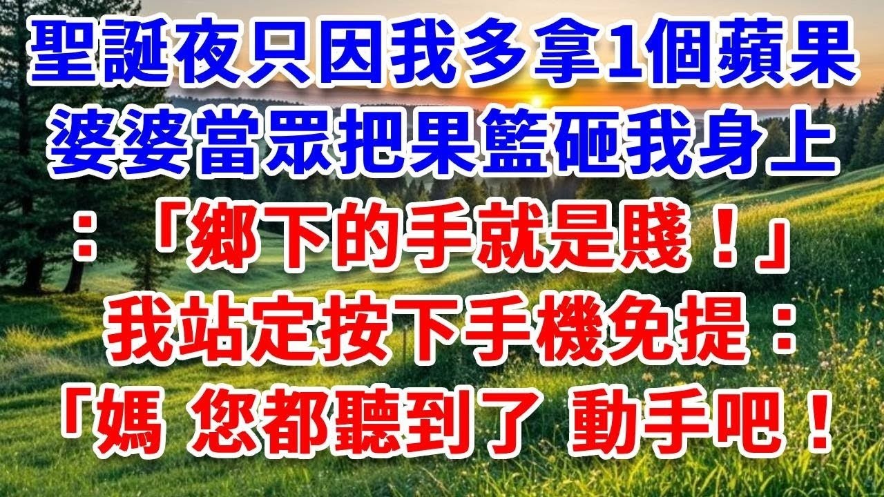 聖誕夜只因我多拿1個蘋果，婆婆當眾把果籃砸我身上，丈夫揪著我衣領拖到門外：“鄉下的手就是賤！”我站定按下手機免提：「媽咪，您都聽到了 動手吧！」#詩涵講故事#為人處世#生活經驗#情感故事#晚年哲