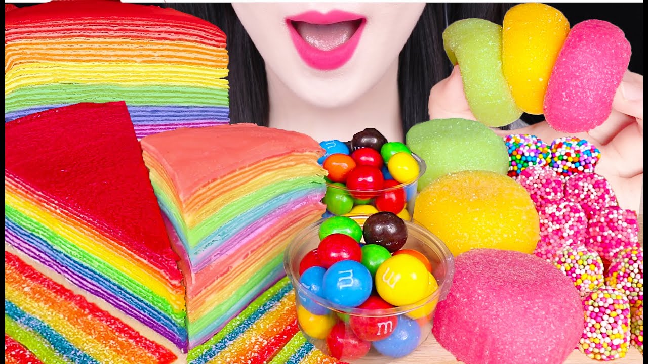 ASMR RAINBOW DESSERT *CREPE CAKE, M&M'S CHOCOLATE BALLS, JELLY BELT 무지개 디저트 먹방 JANE ASMR 제인