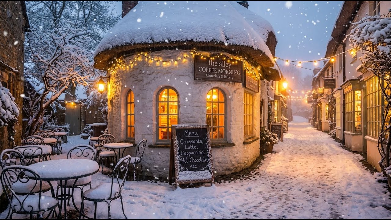 Relaxing Jazz in Snowy Alley 🎷❄️ Cozy Winter Coffee Shop Ambience