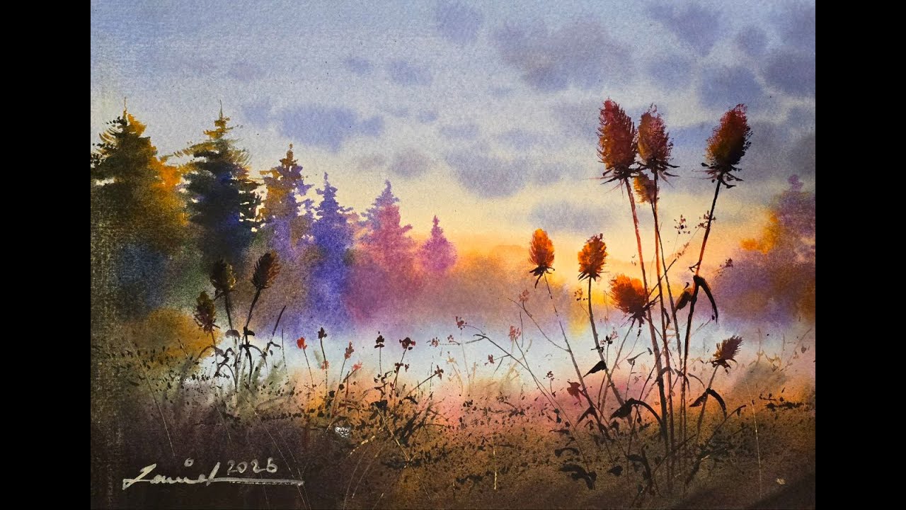Backlit Wildflowers in Misty Sunrise – Exploring Wet-on-Wet & Dry Brush Techniques