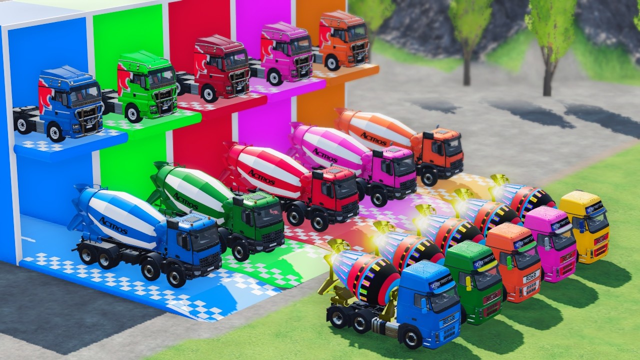 Garage with Colors - ALL MIXER TRUCK WITH DOUBLE FLATBED TRAILER TRUCK, SCANIA, KAMAZ, FS22 #A169