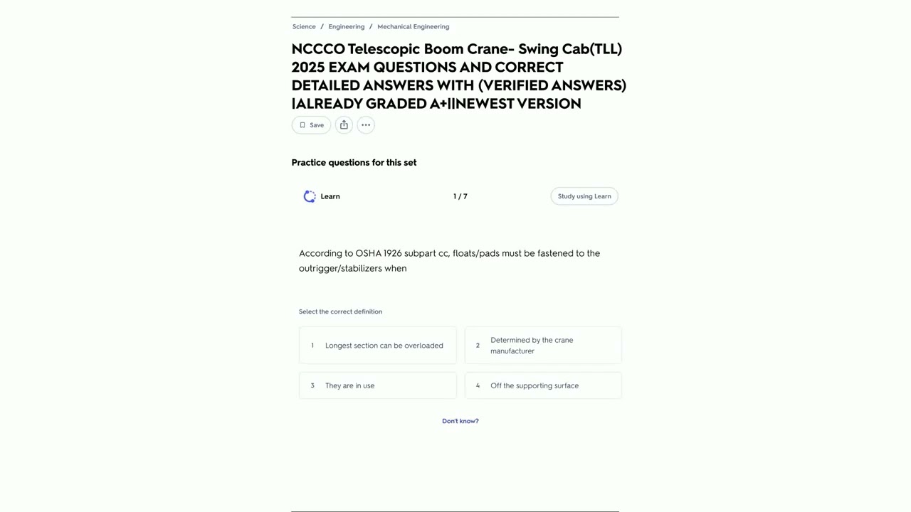 NCCCO Telescopic Boom Crane Swing CabTLL 2025 EXAM QUESTIONS AND CORRECT DETAILED ANSWERS WITH VERIF