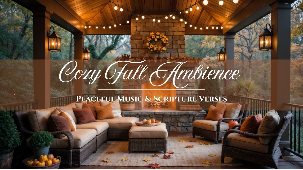 Cozy Fall Porch Ambience 🍂 Crackling Fireplace Sounds, Relaxing Music & Bible Verses for Peace