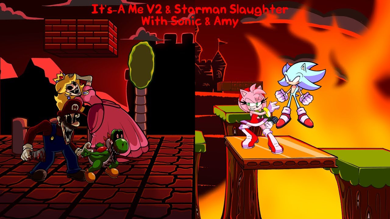 Hedgehogs Vs. Demons! Friday Night Funkin: It's-A Me V2 & Starman Slaughter With Sonic & Amy