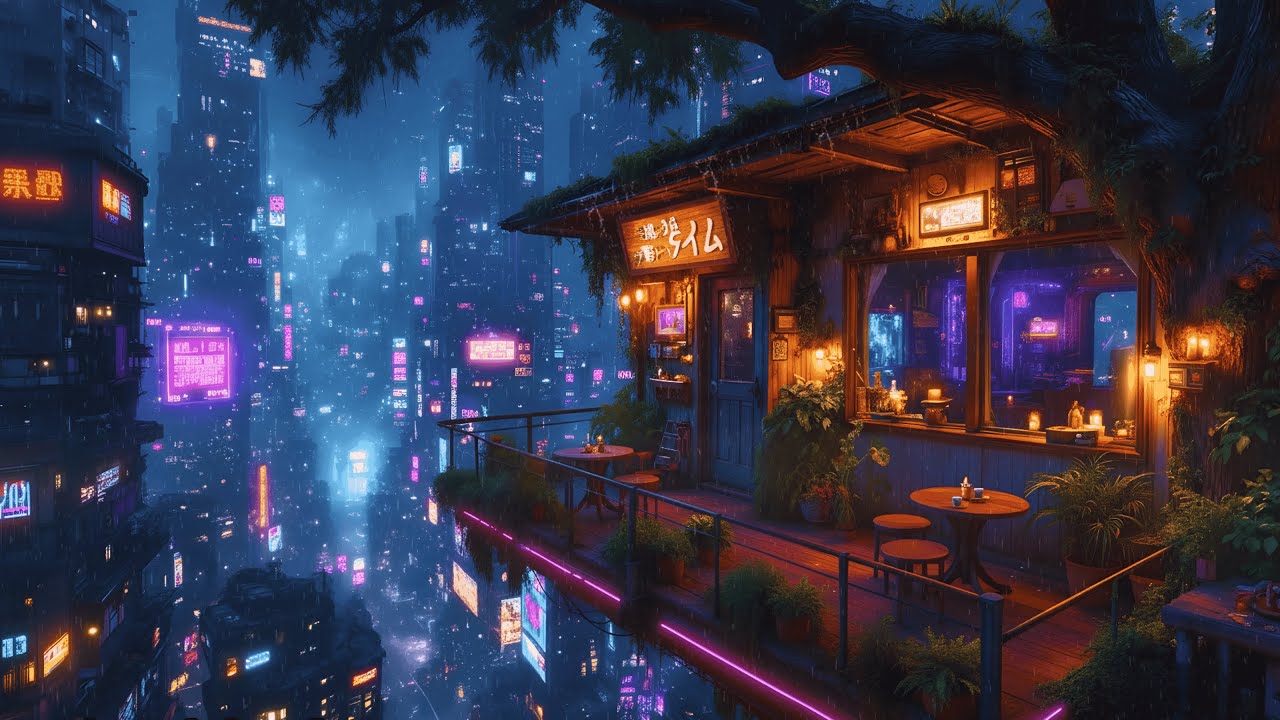 Lofi Sky Ambient – Cozy Terrace Rain with a Cyberfunk Neon City View | Calm Night Vibes | 4K