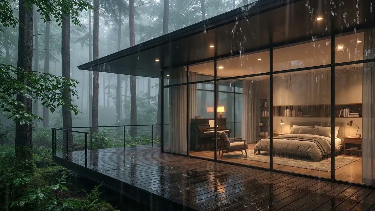 3 HOURS Cozy Rain & Soft Piano in a Glass Cabin  Forest Night Ambience  Sleep & Relax