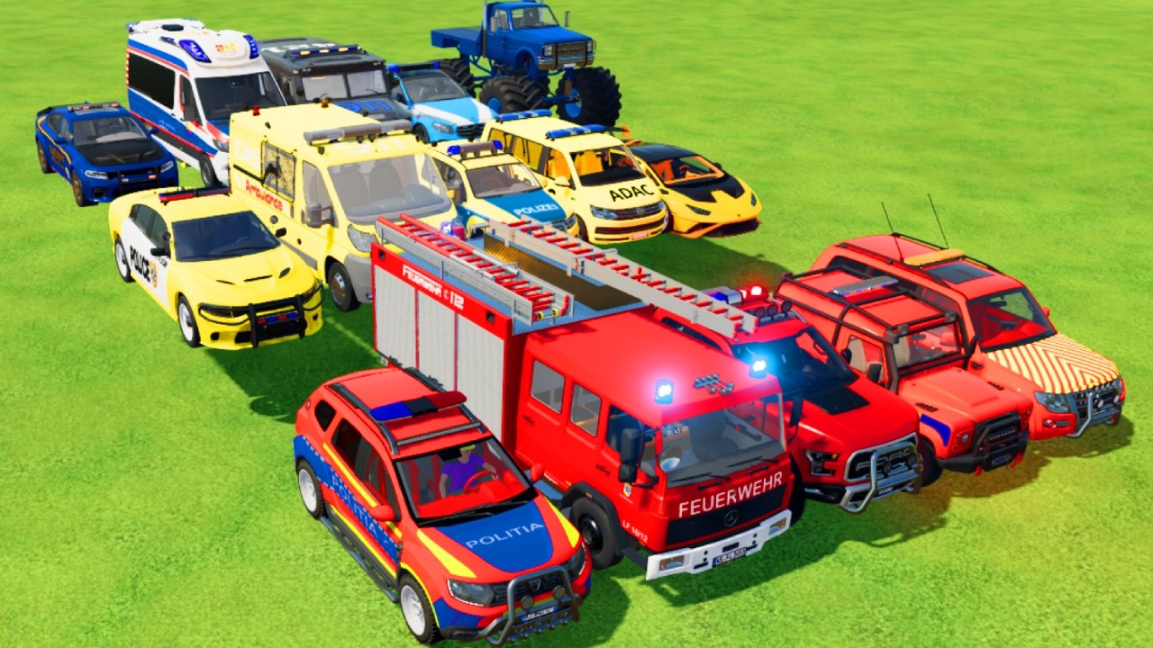 TRANSPORTING CARS, AMBULANCE, POLICE CARS, FIRE TRUCK OF COLORS! WITH TRUCKS! - FS 22