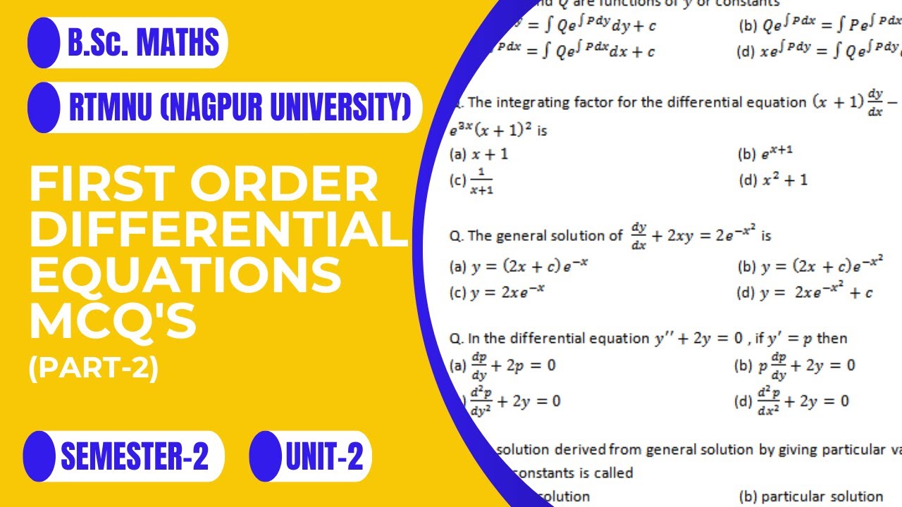 First order differential equations | MCQ's | Part-2 | RTMNU | Nagpur University | B.Sc. Maths