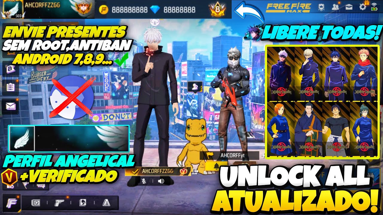 (ENVIANDO PRESENTES🎁) COMO COLOCAR UNLOCK ALL NO FREE FIRE, PEGANDO NA PARTIDA | LIBERE SKINS GRÁTIS