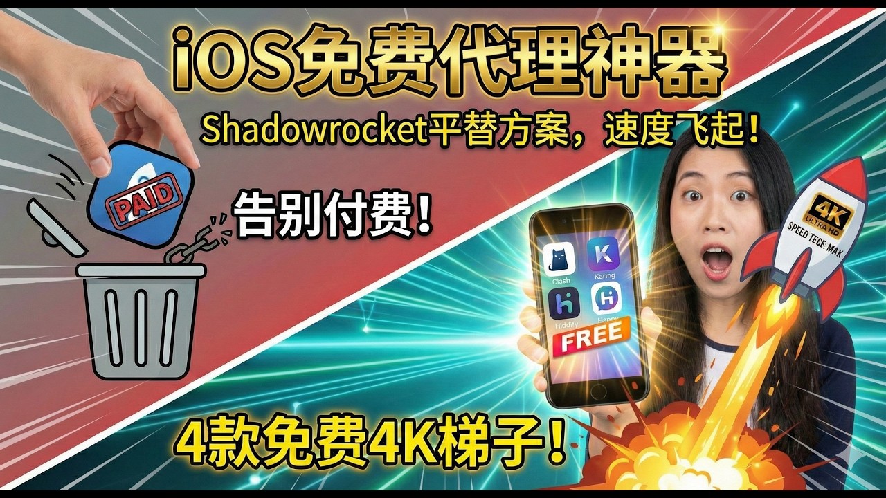 告别Shadowrocket！4款iOS免费硬核代理软件推荐，支持4K秒开！iPhone翻墙不用花钱买小火箭！这4个免费APP完美平替Shadowrocket。