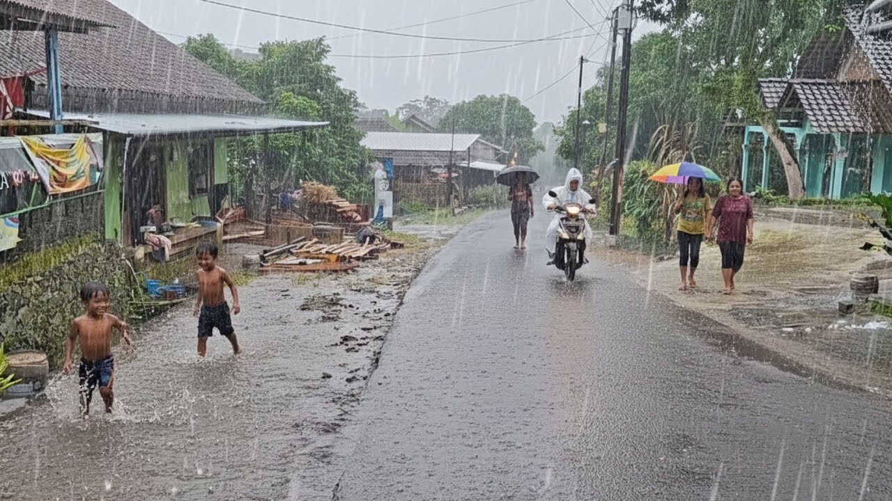 Walking Through a Rainy Village — Heavy Rain and Peaceful Countryside Roads