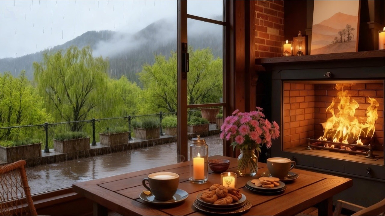 Cozy Spring Rain Jazz & Fireplace Ambience 🌧️🔥 Relaxing Cabin View, Rain Sounds, Smooth Jazz