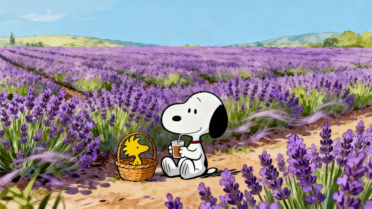 💜 Snoopy Lavender Dreams 🌿 Relaxing Lo-Fi Beats, Calm Breeze & Peaceful Field Ambience