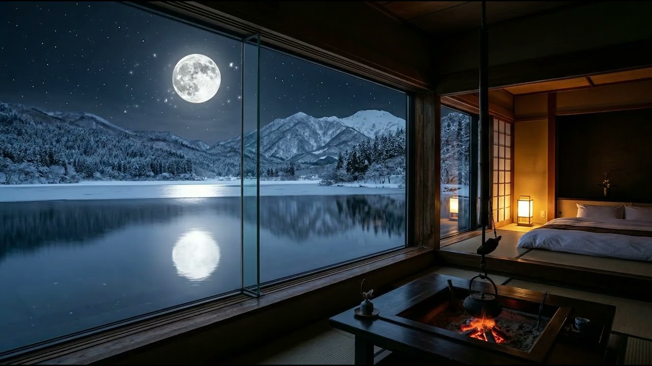 8 Hours  Snowy Village Ryokan Suite Sleep – Moonlit Lake View, Irori Warmth & Distant Winter Lights