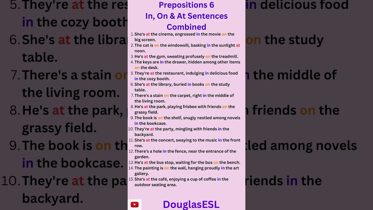 Prepositions 6 Prepositions in English Grammar ESL In On At Sentences #grammar #english #ESL