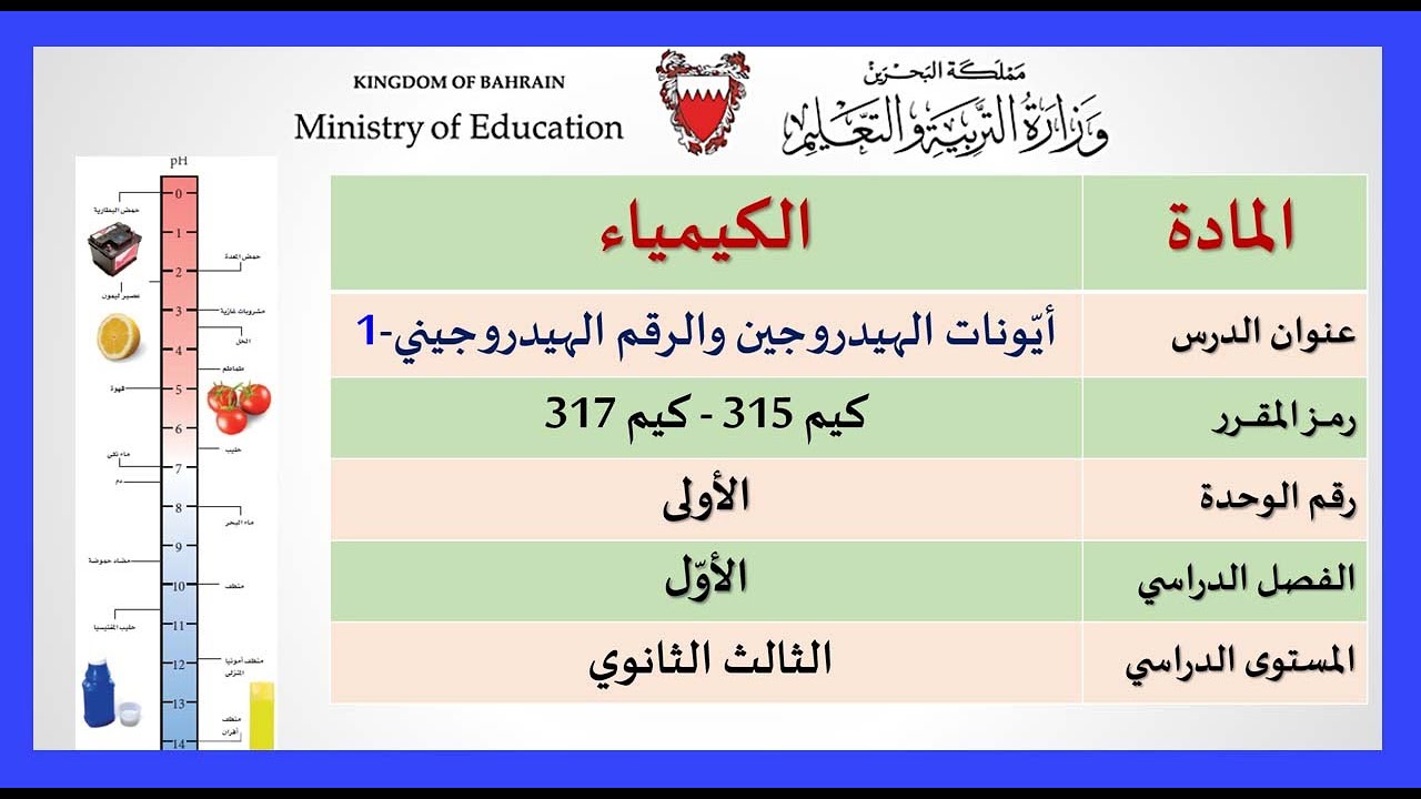 الكيمياء - كيم 315 -317: أيونات الهيدروجين والرقم الهيدروجيني -1