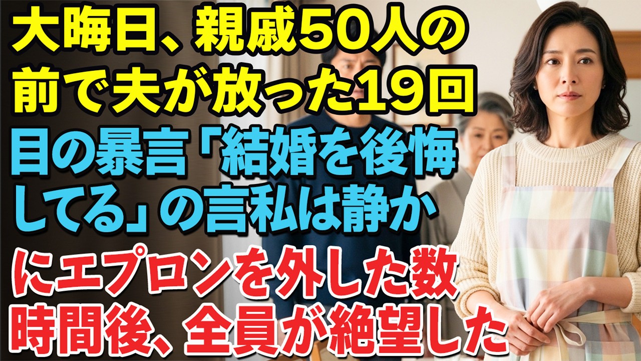 大晦日の夜、50人以上の親戚の前で、夫は19回目の暴言を吐いた。「君と結婚したことを後悔している」。その瞬間、私は静かにエプロンを外した——数時間後、誰一人として私の目を見られなかった……。