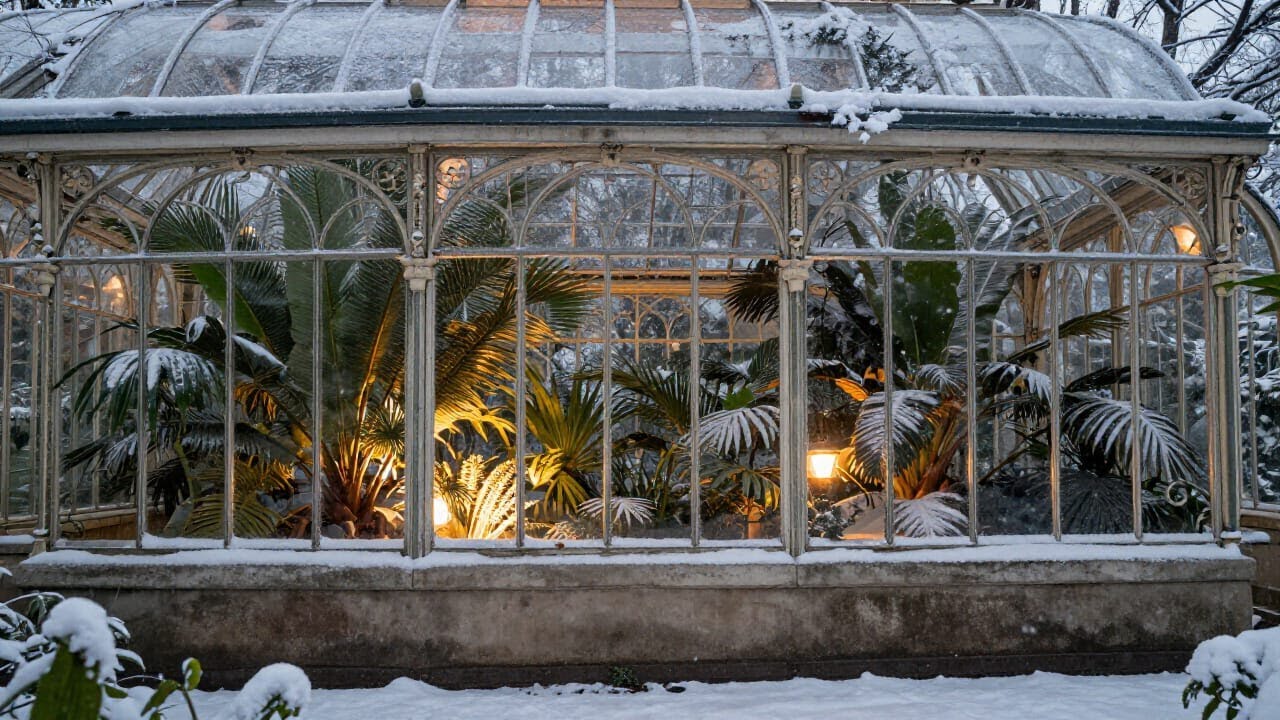 Glass Conservatory Under Falling Snow | Cozy Ambient Music & Winter Calm | 1 Hour