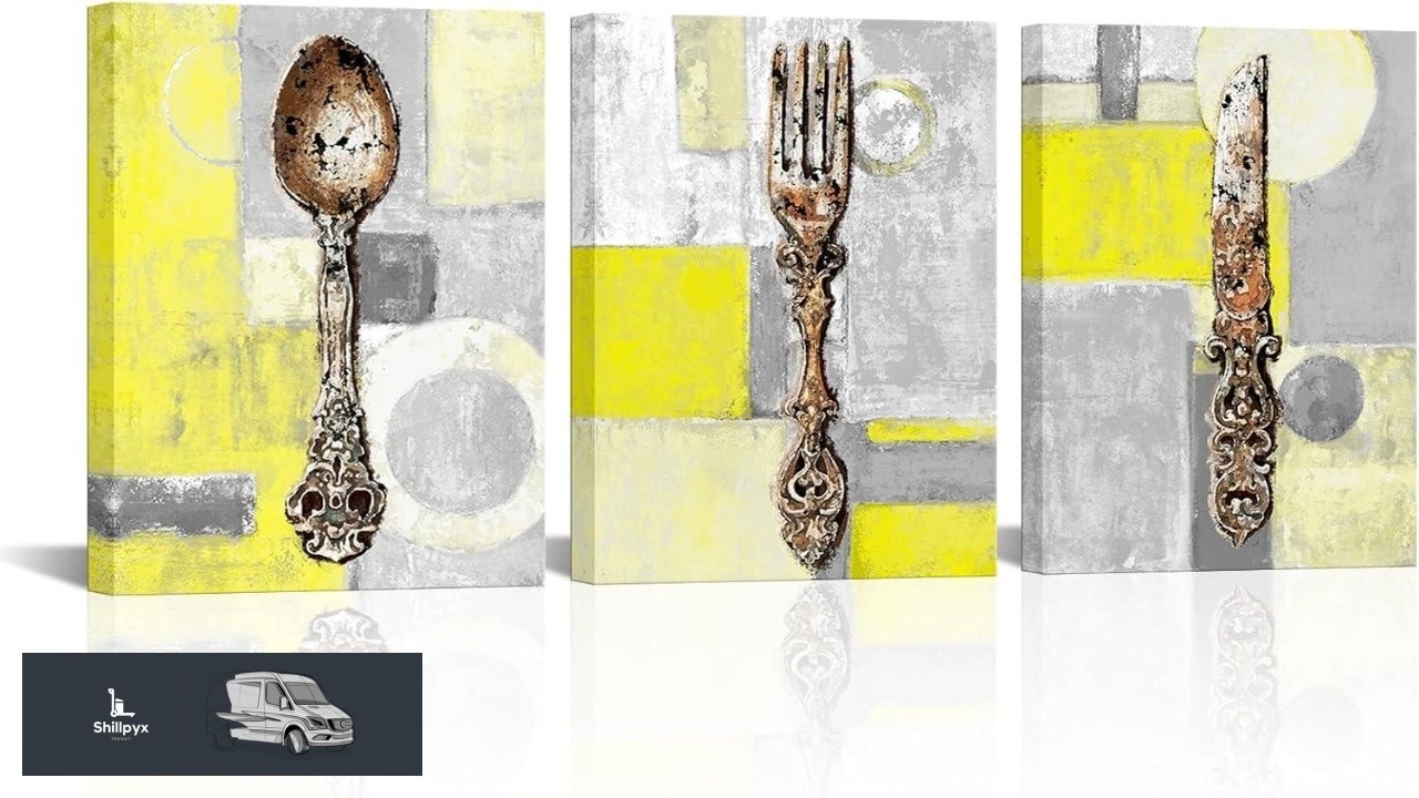 sechars Yellow and Grey Kitchen Decor Vintage Fork Knife Spoon Painting Canvas