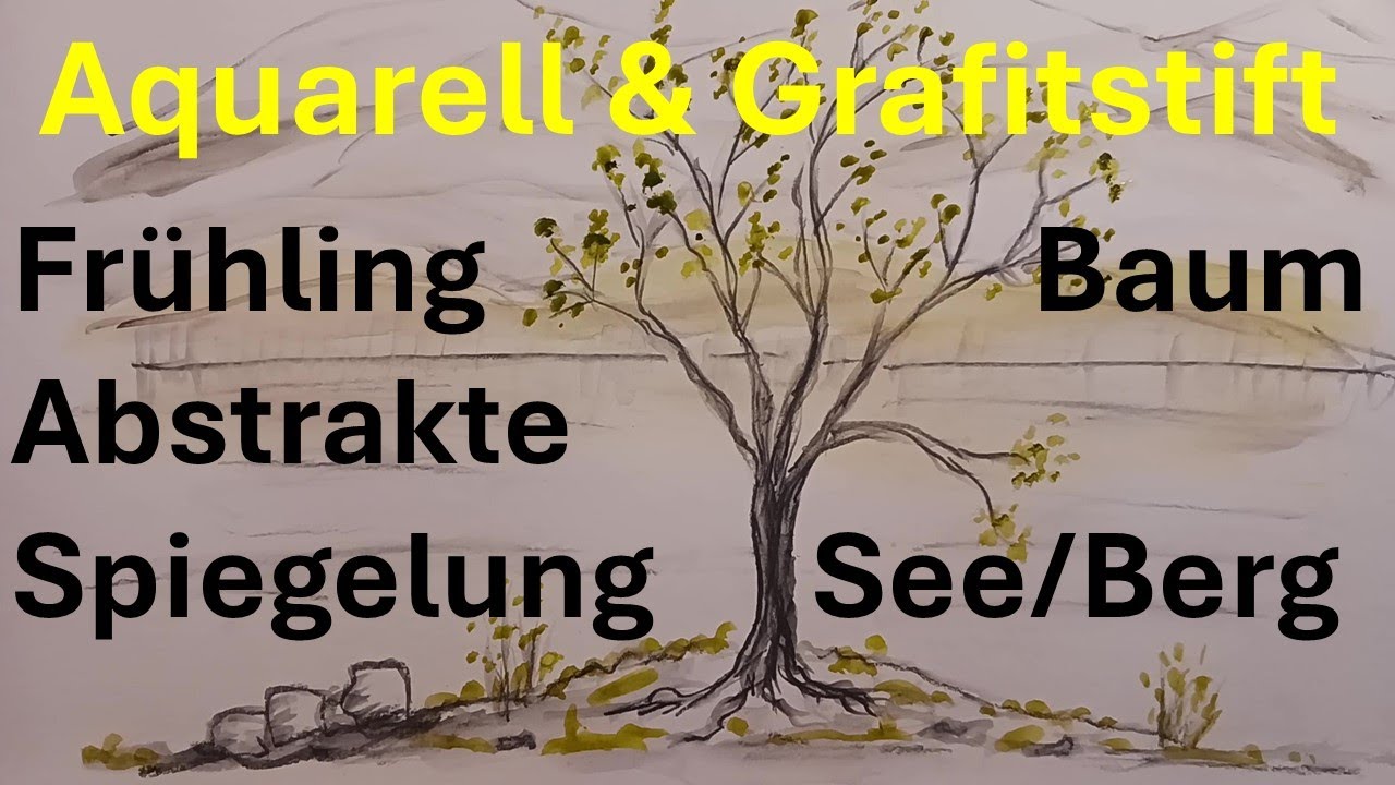 Aquarell Baum Fr&uuml;hling abstrakte Spiegelung See und Berge Landschaft Grafitstift