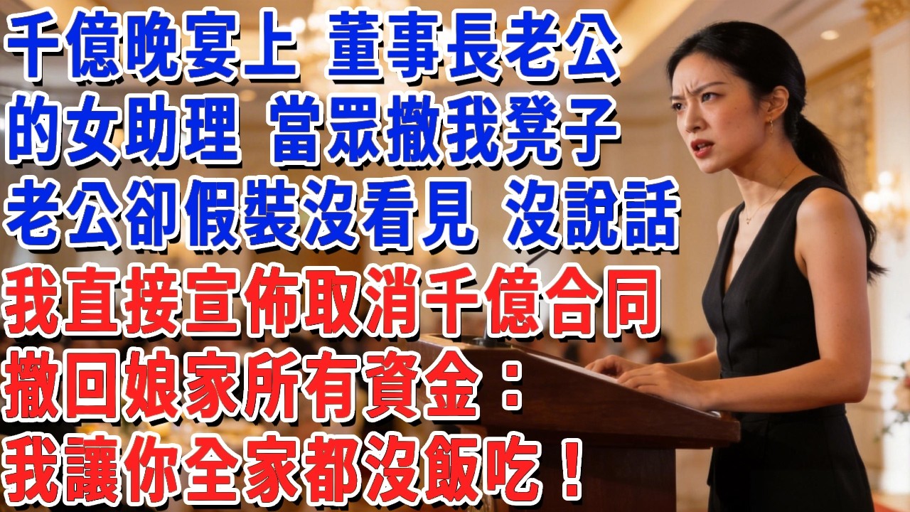 千億晚宴上 董事長老公的女助理 當眾撤我凳子，老公卻假裝沒看見 沒說話，我直接宣佈取消千億合同，撤回娘家所有資金：我讓你全家都沒飯吃！#小娟講故事 #情感故事 #老年生活