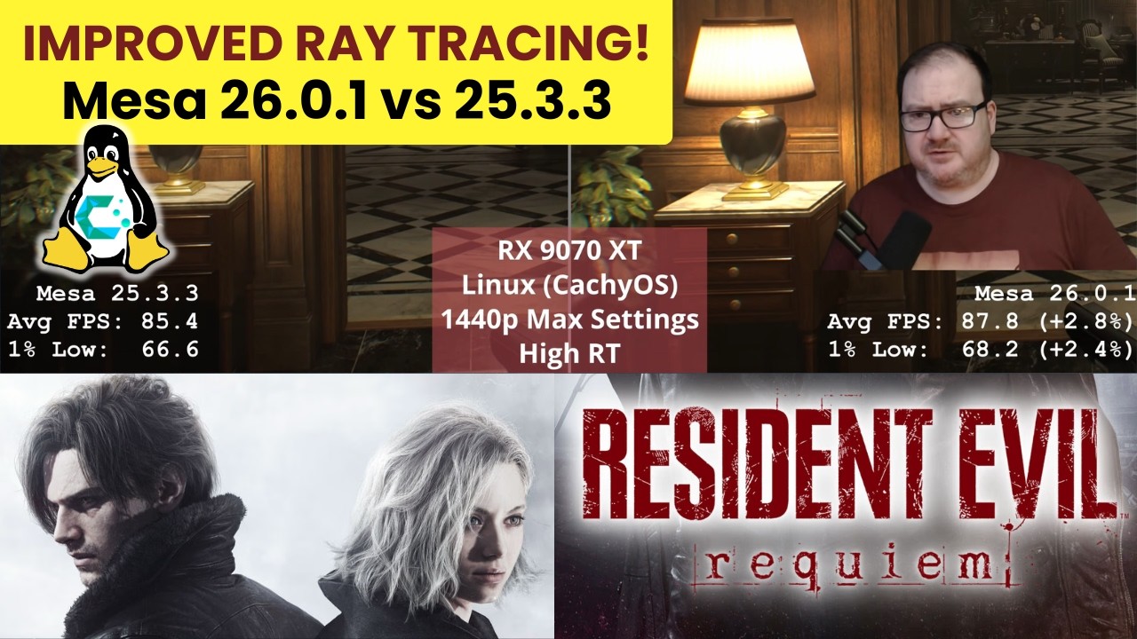 Трассировка лучей улучшена в Linux! - Mesa 26.0.1 против 25.3.3 (RDNA4 в Resident Evil Requiem)