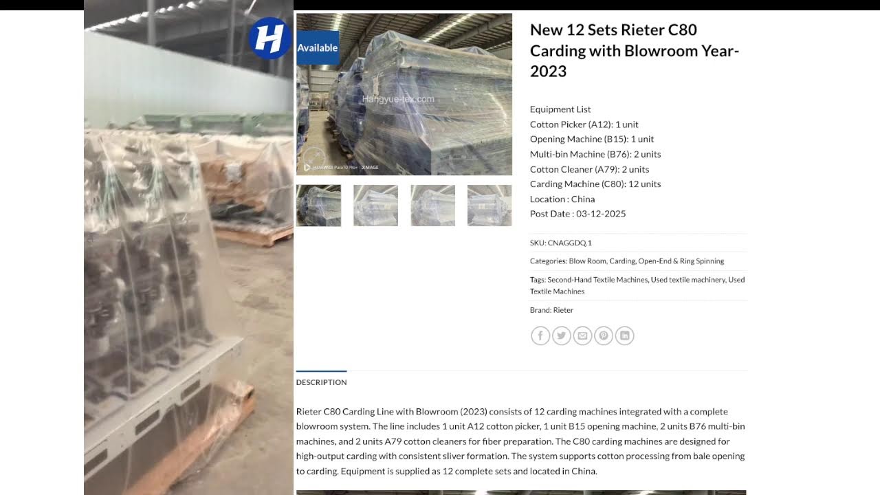 New 12 Sets Rieter C80 Carding with Blowroom Year-2023