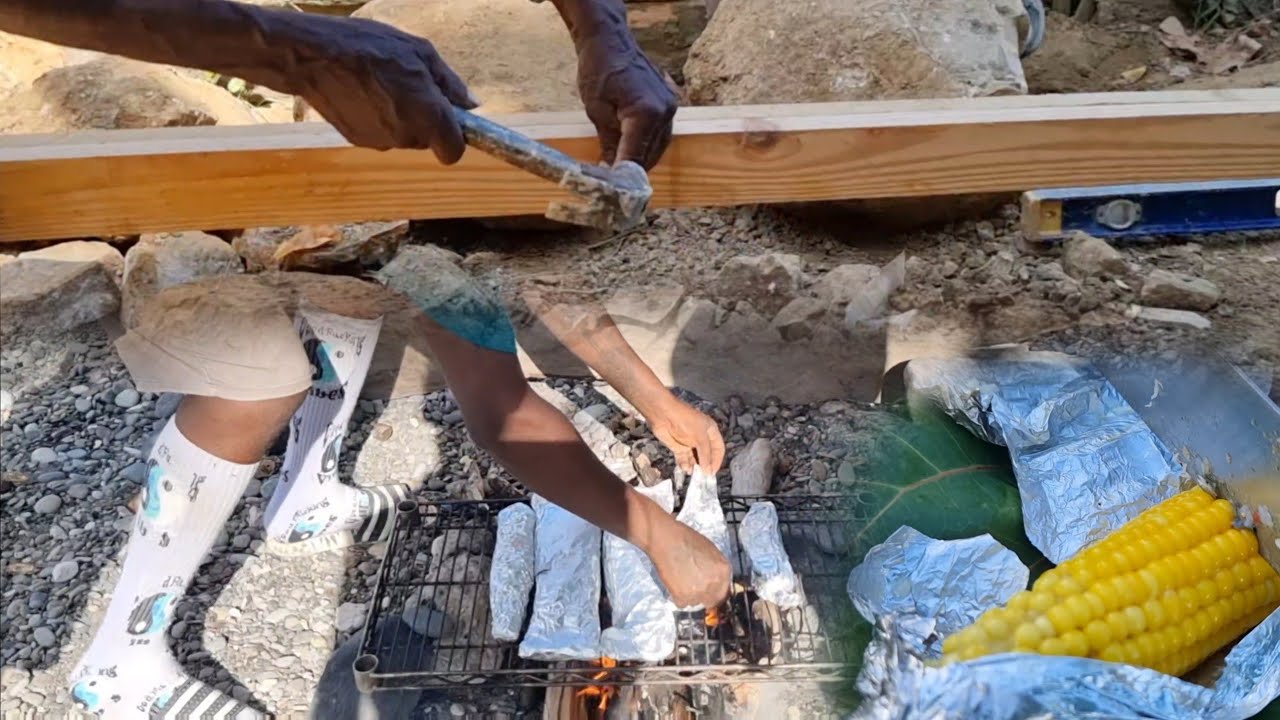 Steam fish & corn in foil paper - working progress on socks house (foundation for Basement)