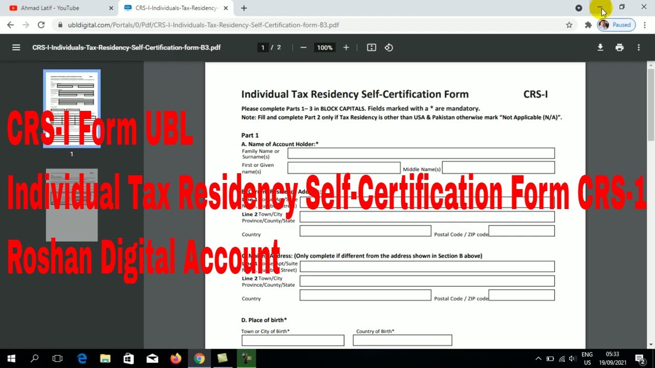 Roshan Digital Account | CRS-I Form UBL Bank Individual Tax Residency Self-Certification Form #CRS-1