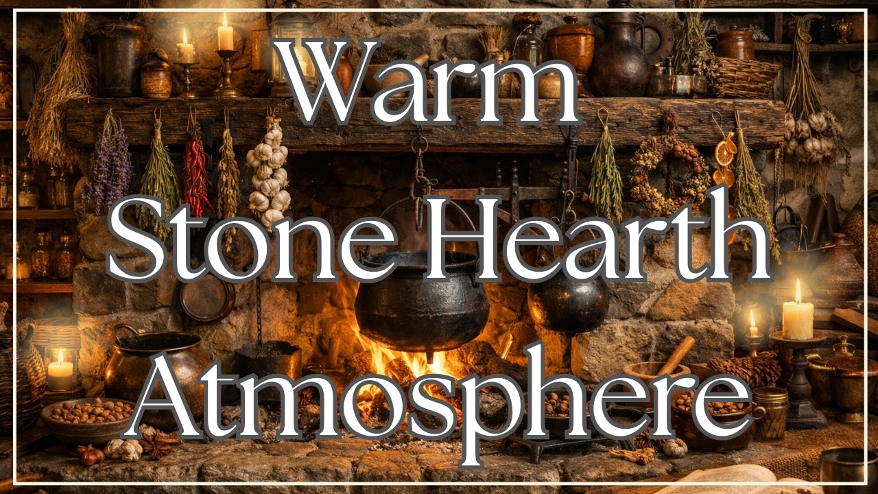 Old World Stone Hearth Ambience | Cozy Cottage Kitchen Fire, Simmering Pot & Gentle Household Sounds