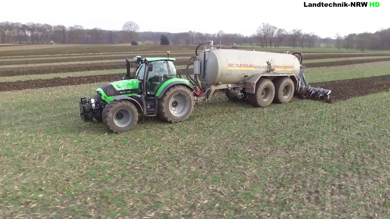 Gülle fahren mit einem Deutz-Fahr 6190 TTV mit Rheinland Fass und 6m Grubber