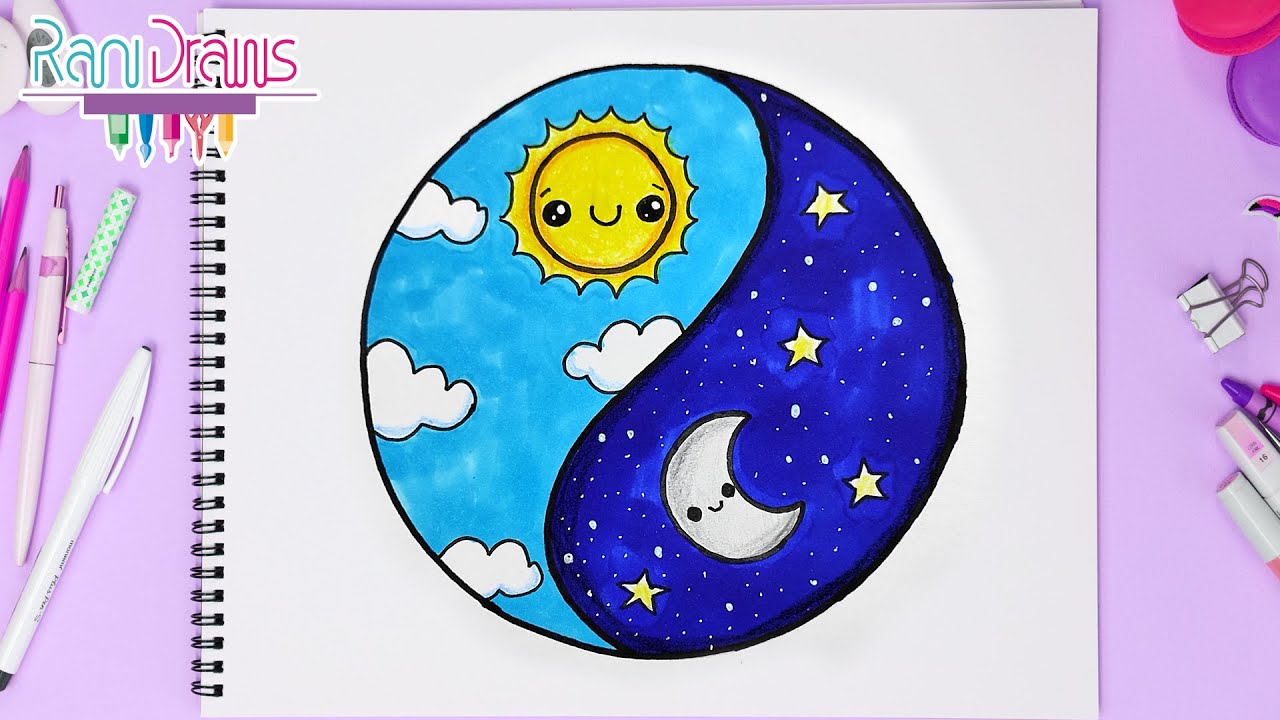 Cómo dibujar EL DÍA Y LA NOCHE (kawaii)  -  Dibujos fáciles Paso a paso