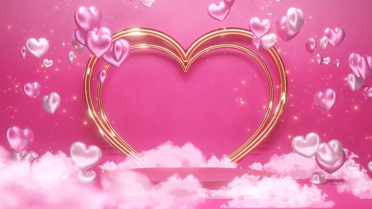 4K SCREENSAVER - GOLDEN HEART WITH PODIUM PINK PARTICLES HEARTS BACKGROUND MOTION - NO SOUND