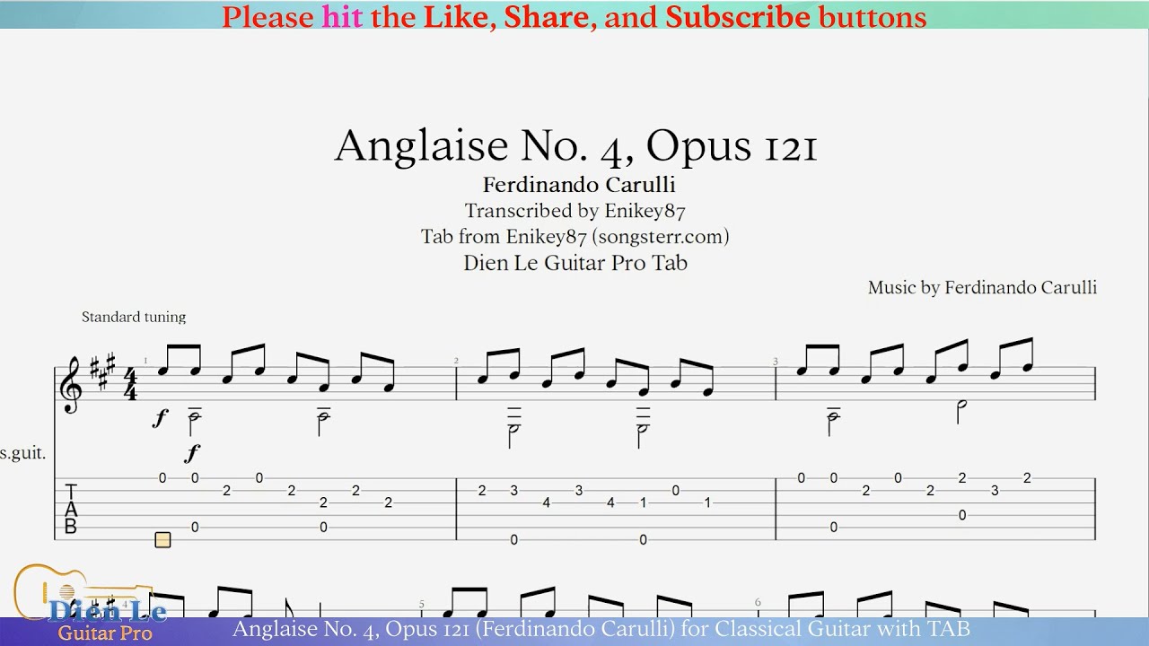 Anglaise No. 4, Opus 121 (Ferdinando Carulli) for Classical Guitar with TAB