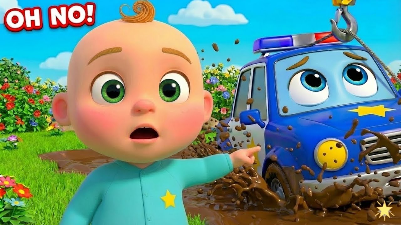 Police Car Stuck in Mud! 🚓 | Crane Rescue Team | Trucks for Kids nursery rhymes