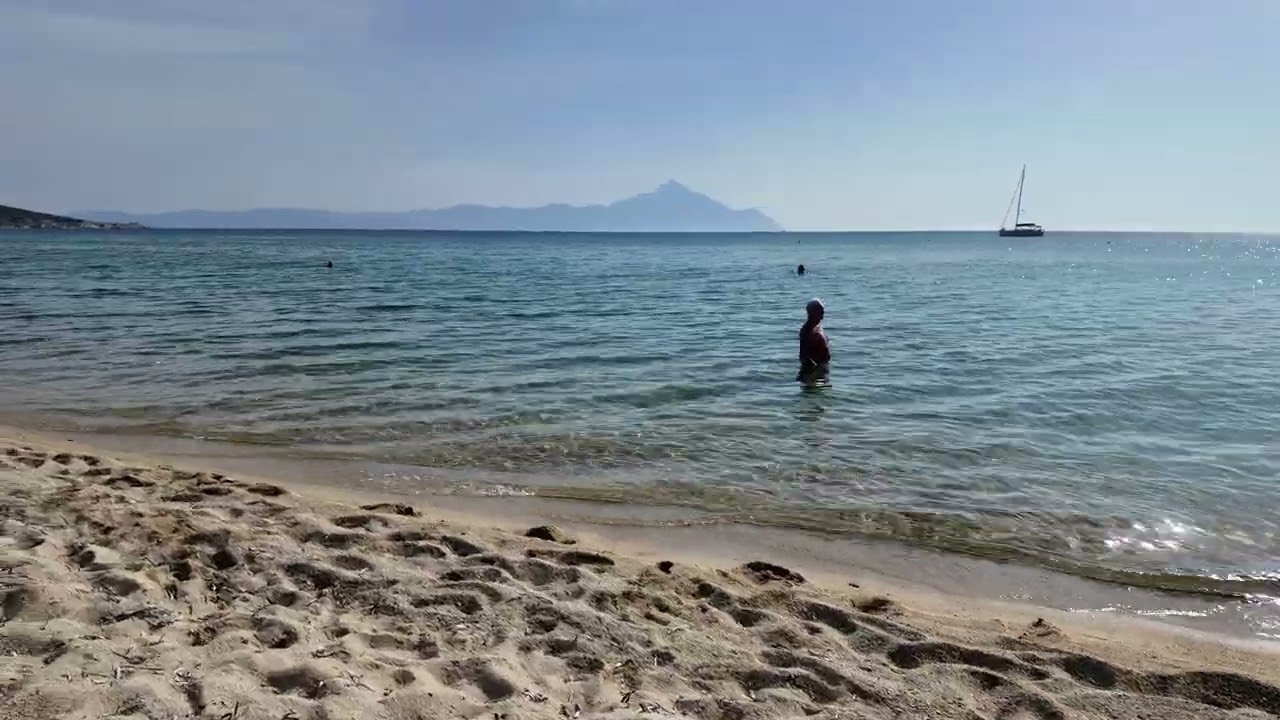 Walking on Sarti Beach 🇬🇷 | Relaxing ASMR Walk in Greece 4K | Sea Waves & Mount Athos View