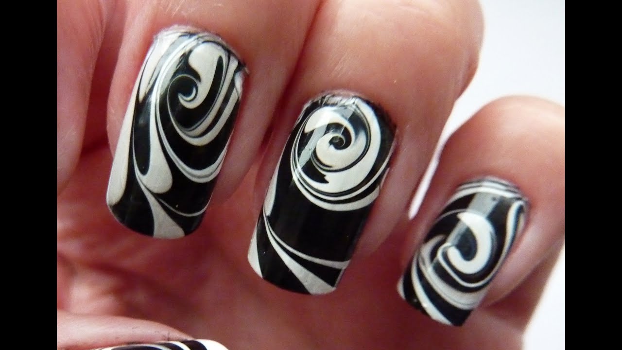 Water Marble For Short Nails, Black & White Swirl Nail Art Design Tutorial HowTo HD Video