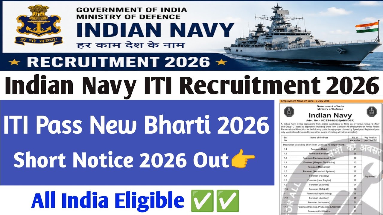 Indian Navy INCET 2026 New Vacancy | 10th, 12th, ITI, Diploma Pass | Full Notification
