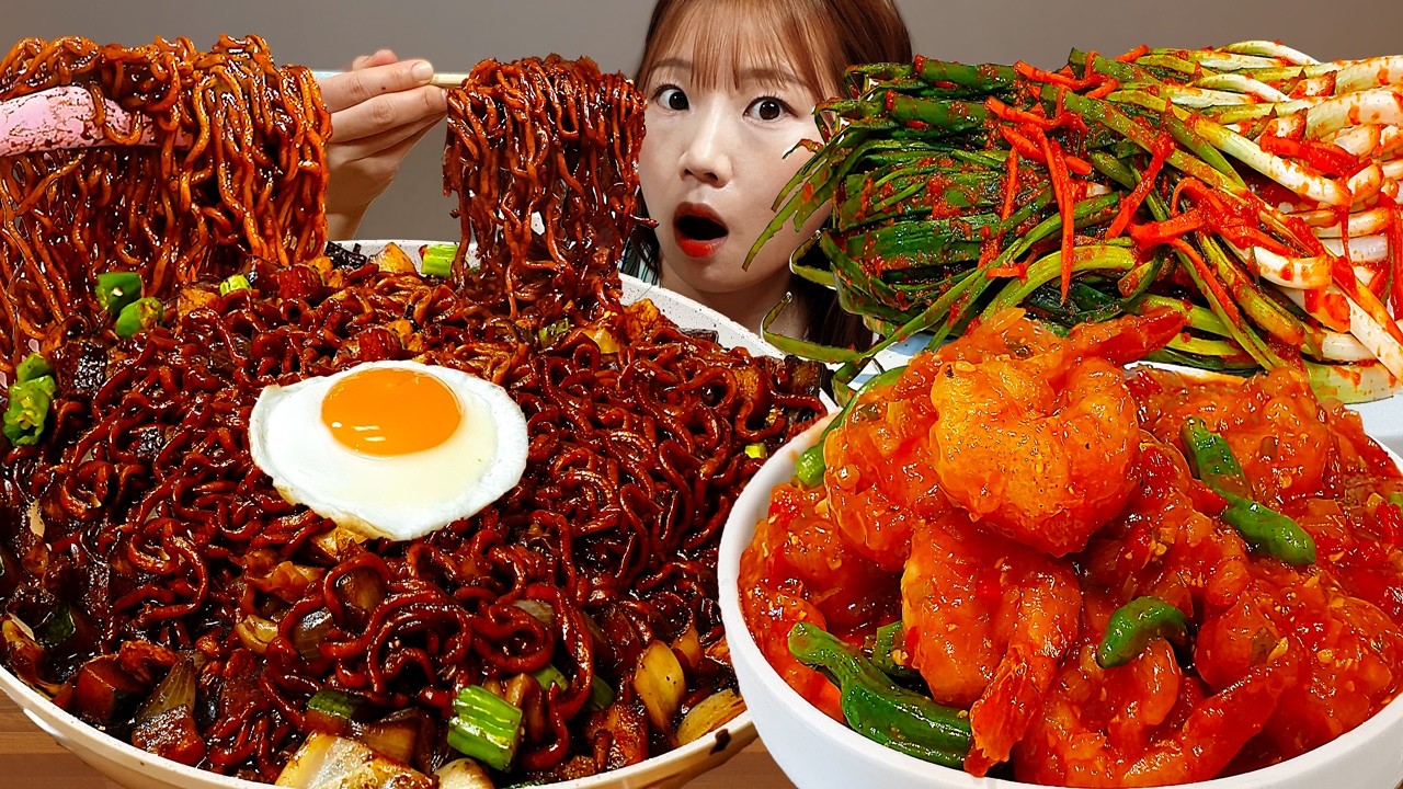 Sub)Real Mukbang- Чапагетти🍜 Жареные креветки 🍤 Пельмени 🥟 Кимчи с зелёным луком🌶 АСМР КОРЕЙСКАЯ ЕДА