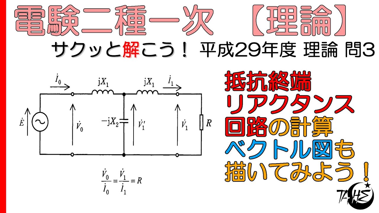 【電験二種一次】平成29年度 理論 問3【交流回路:抵抗終端リアクタンス回路の計算 ベクトル図も描いてみよう！ 】