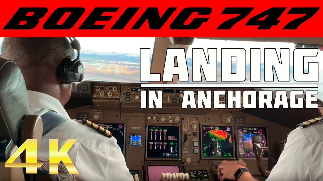 Boeing 747 Approach and Landing in Anchorage Airport Alaska Cockpit View HD