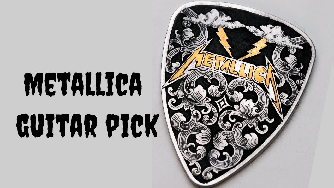 Engraving Metallica guitar pick /Time lapse/ 24k gold inlay