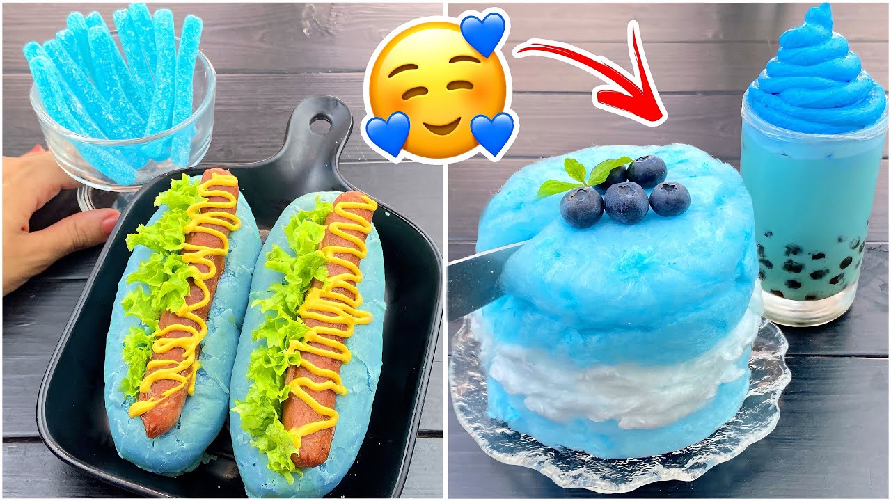 تحدي اكلات باللون الازرق💙!! كيكة غزل بنات زرقاء 🎂!!