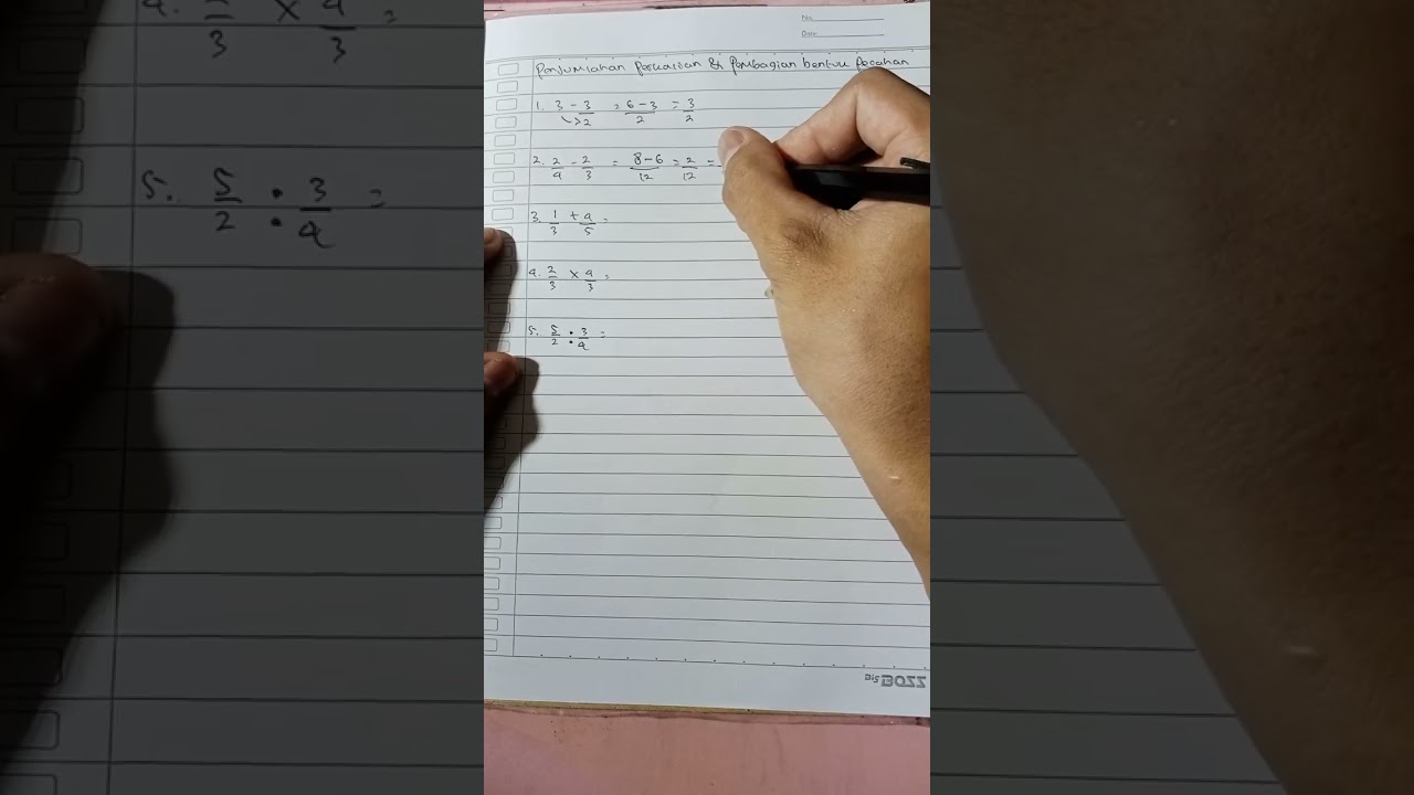 Praktek Ujian Matematika, membahas materi pengurangan perkalian dan pembagian bentuk pecahan